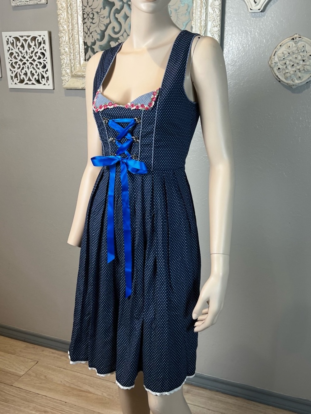 Navy Polka Dot Bavarian-Style Dress with Blue Ribbon - Picture 3 of 10